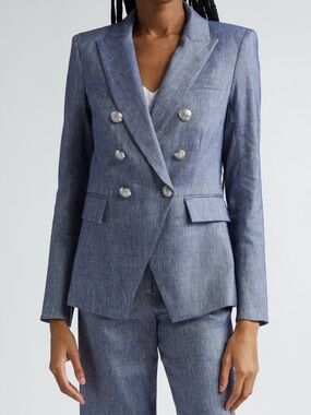 Veronica Beard Miller Dickey Double-Breasted Denim-Blue Linen Blend Blazer